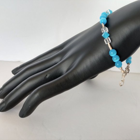 Aqua Blue Beaded Bracelet with Banded Agate Beads Handmade 8 inches - Picture 5 of 16
